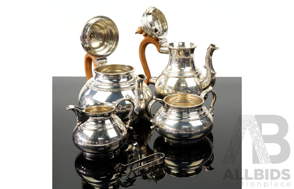 Vintage Sterling Silver Tea Service Comprising Lidded Teapot & Coffee Pot with Wooden Handle and Finial, Creamer & Sugar Dish with SIlver PlateTongs, London 1961