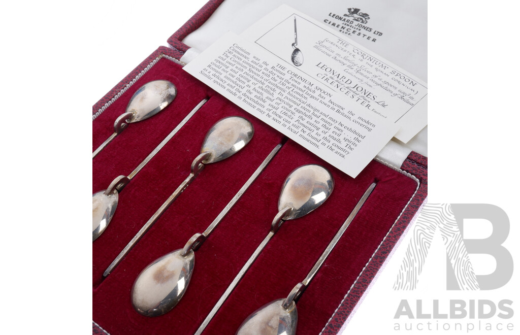 Set Six Vintage Sterling Silver Corinium Spoons in Original Case, Leonard Jones, Sheffield 1976