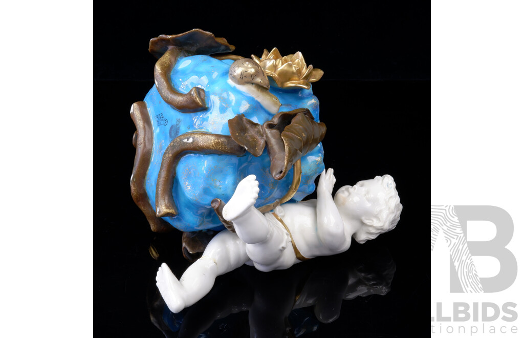 Antique Late Victorian Moore Brothers Porcelain Cherub Dish with Blue and Gilt Decoration