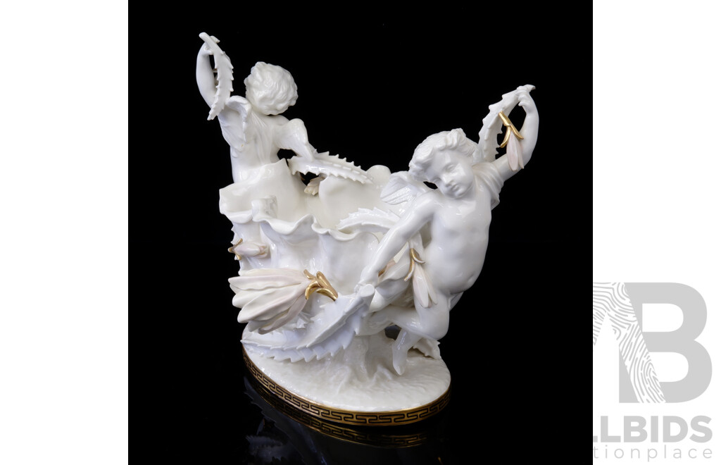 Antique Late Victorian Moore Brothers Porcelain Cherub Dish with Black & Gold Greek Key Decoration to Base