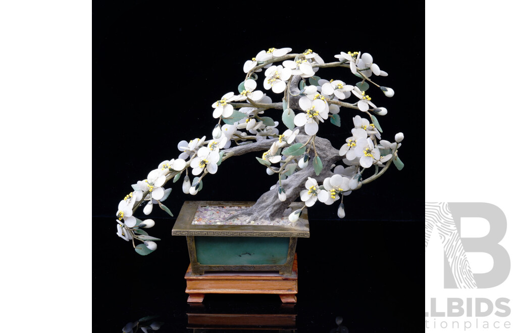 Chinese Hardstone 'Jade' Tree on Wooden Base with Hardstone Panels to Side of Pot