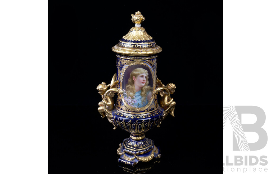 Antique Vienna Porcelain Cabinet Vase with Cherub Handles & Cameo of Maiden