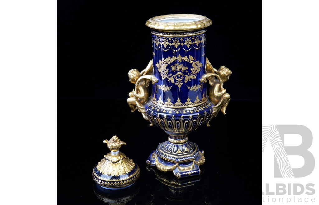 Antique Vienna Porcelain Cabinet Vase with Cherub Handles & Cameo of Maiden