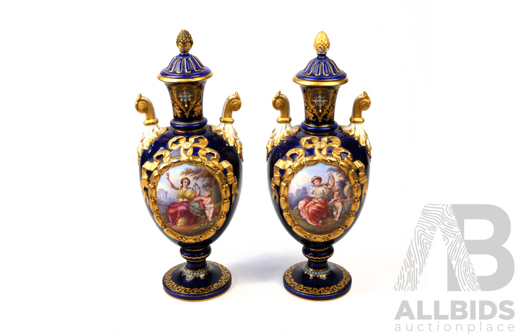 Pair Antique French Sevres Porcelain Cabinet Vases with Cameos of Cupid and Psyche