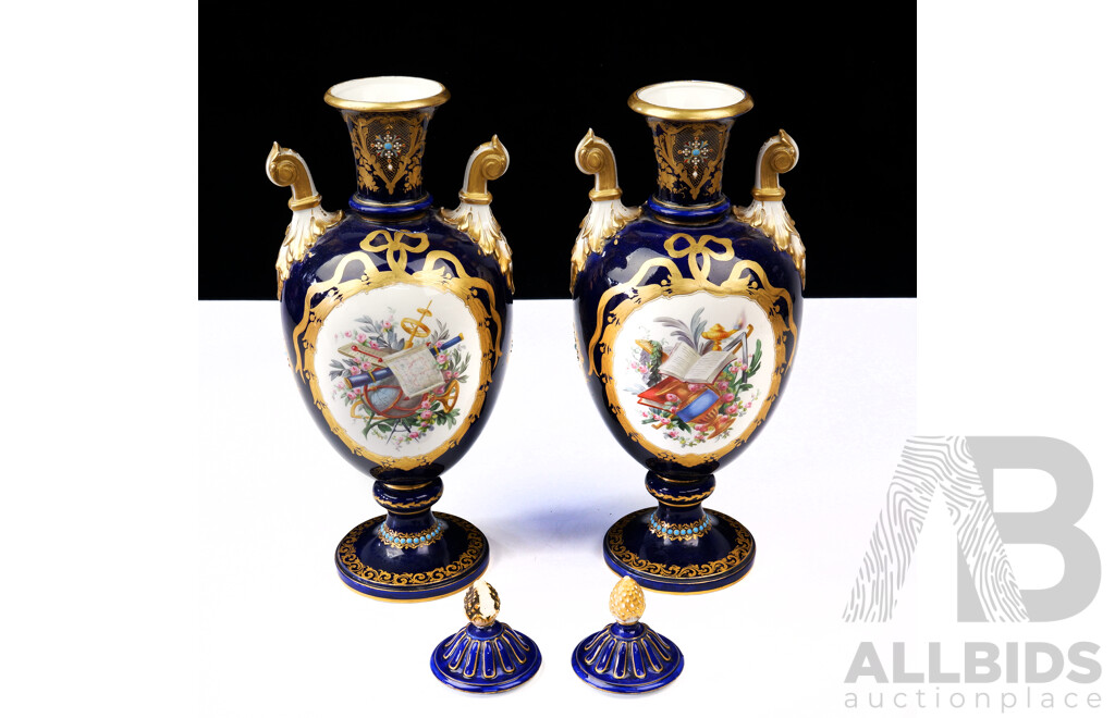 Pair Antique French Sevres Porcelain Cabinet Vases with Cameos of Cupid and Psyche