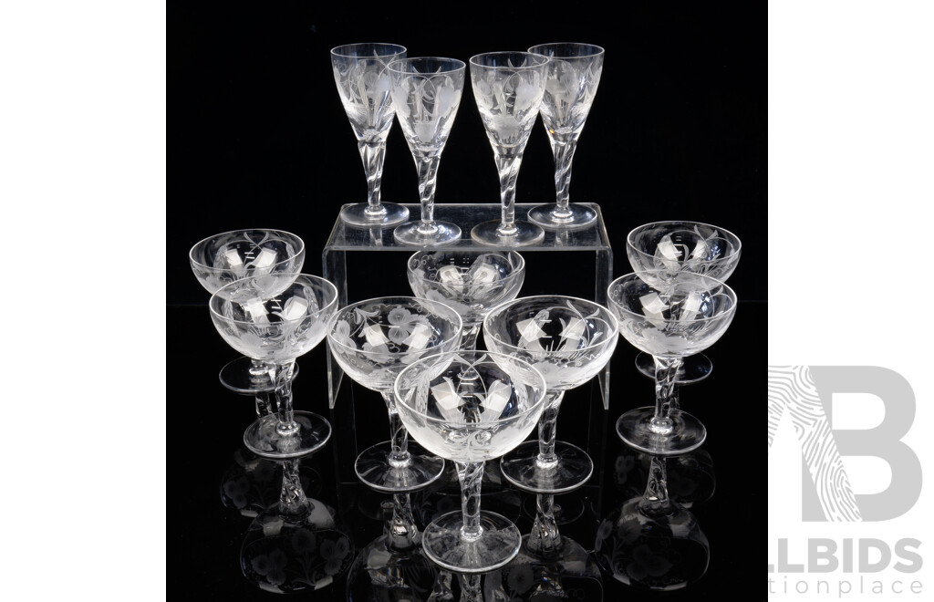 Set Eight Stuart Crystal Champagne Coupes with Etched Wheat Sheaf Design Along with Set Four Matching Sherry Glasses