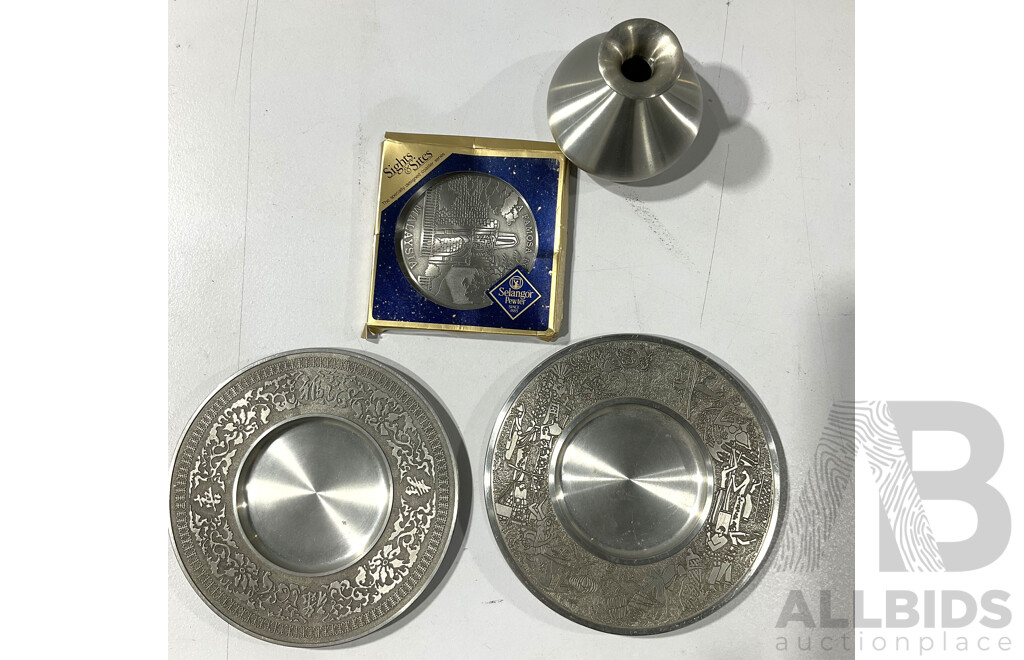 Five Selangor Pewter Items Including Two Display PLates with Wooden Stands