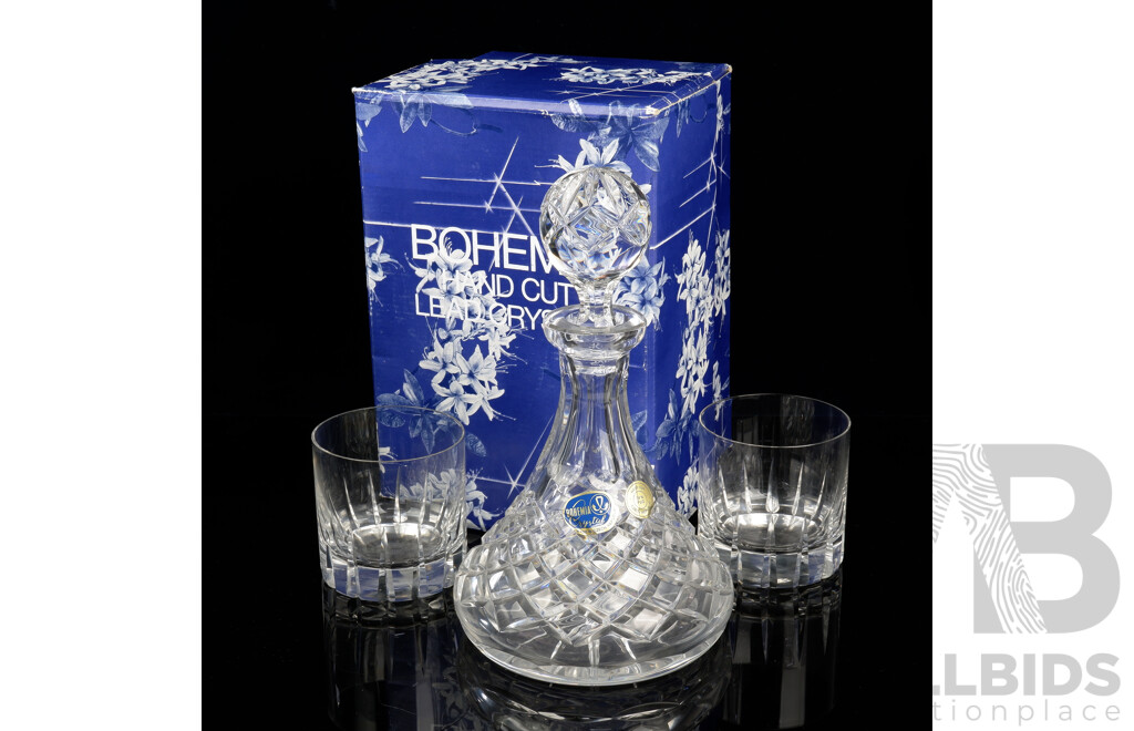Bohemia Hand Cut Crystal Ships Decanter in Original Box Along with Pair Rosenthal Crystal Tumblers