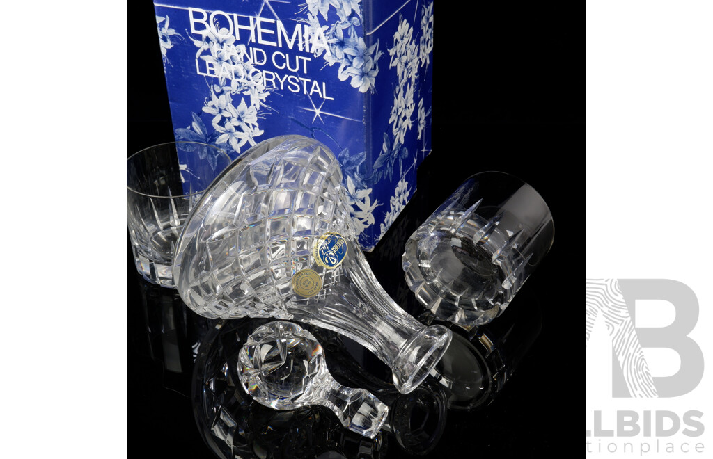 Bohemia Hand Cut Crystal Ships Decanter in Original Box Along with Pair Rosenthal Crystal Tumblers