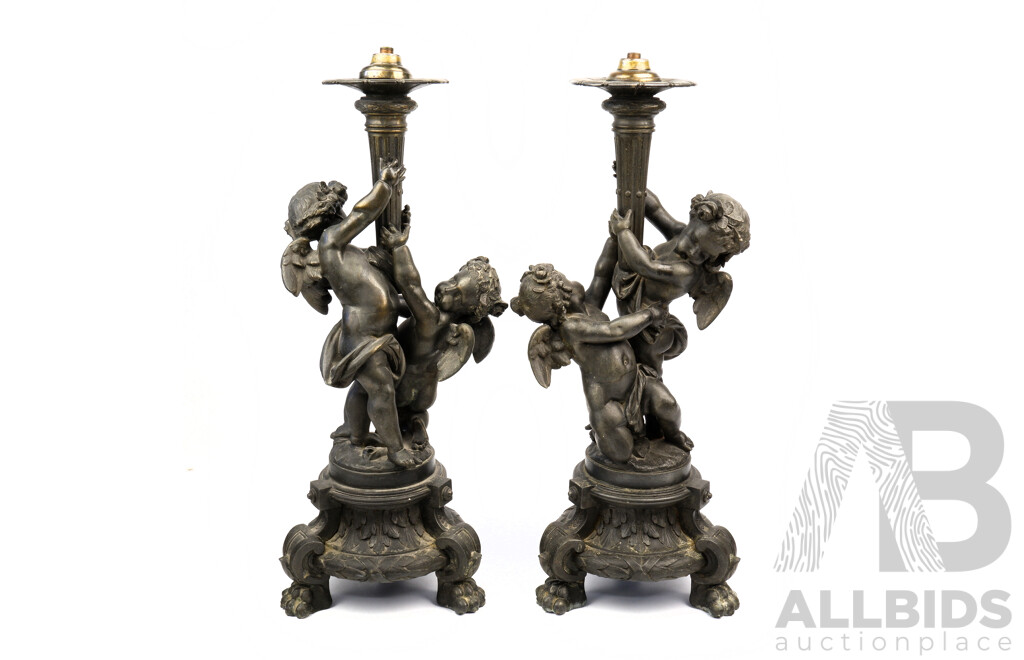 Pair Antique Spelter Cherub  with Torchiere Form Mantle Lamps