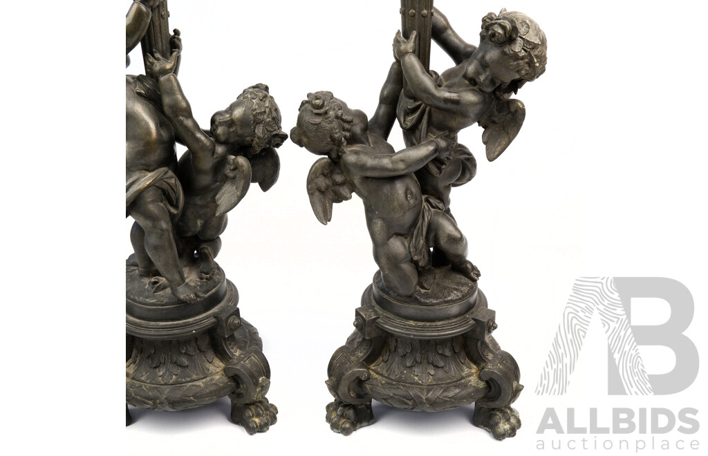 Pair Antique Spelter Cherub  with Torchiere Form Mantle Lamps