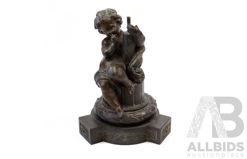 Antique Spelter Cherub  with Torchiere Form Table Lamp