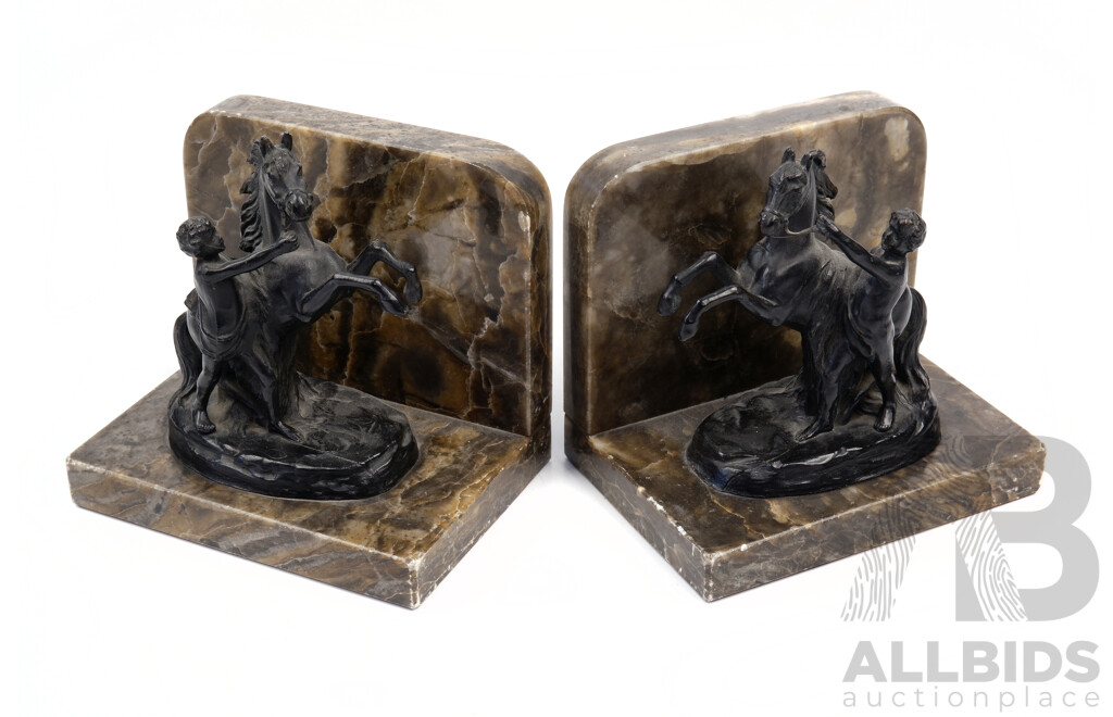 Antique Late Victorian Marble Bookends with Spelter Classical Form Horse and Youth