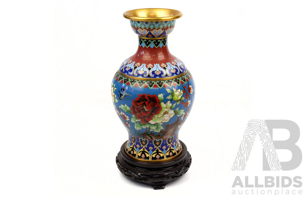 Chinese Cloisonne Vase with Hand Carved Wooden Stand
