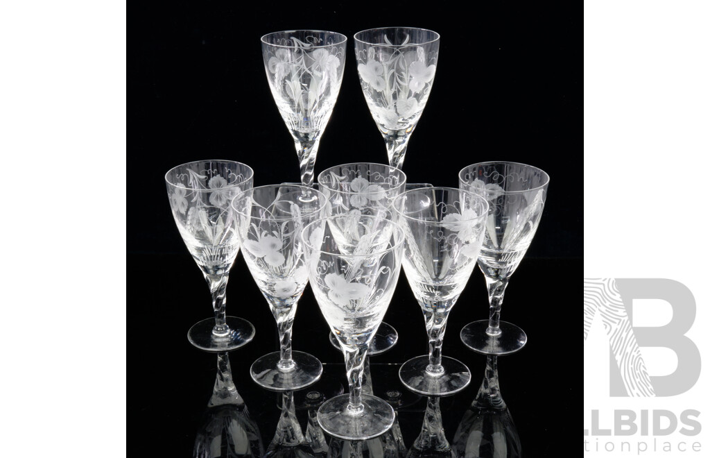 Set Eight Vintage Stuart Crystal Goblets with Engraved Grape & Wheat Motif