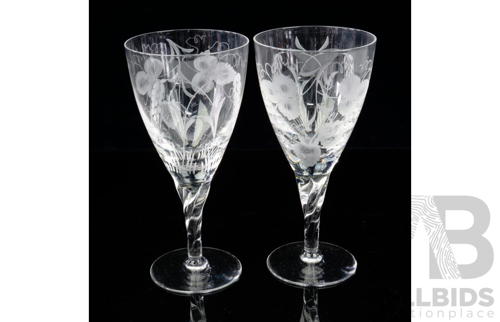 Set Eight Vintage Stuart Crystal Goblets with Engraved Grape & Wheat Motif