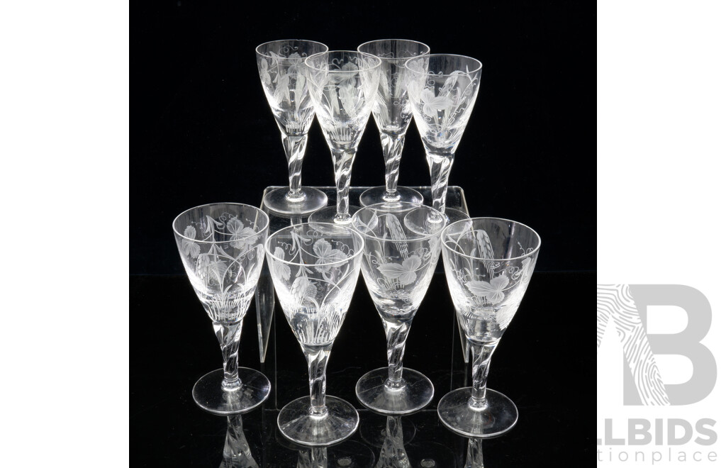 Set Four Vintage Stuart Crystal Claret Glasses with Set Four Matching Sherry Glasses, All with Engraved Grape & Wheat Motif