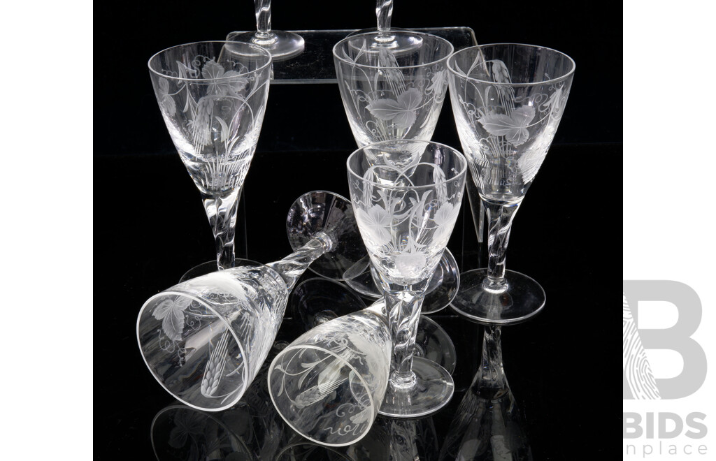 Set Four Vintage Stuart Crystal Claret Glasses with Set Four Matching Sherry Glasses, All with Engraved Grape & Wheat Motif