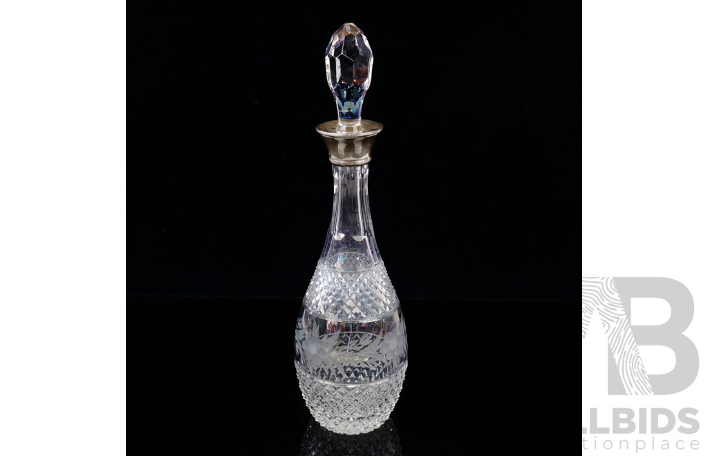 Vintage Bohemia Crystal Decanter and Stopper with Sterling Silver Collar, Birmingham, 1927