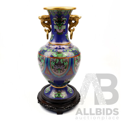 Chinese Cloisonne Vase with Piscatorial Form Eardrops with Hand Carved Wooden Stand
