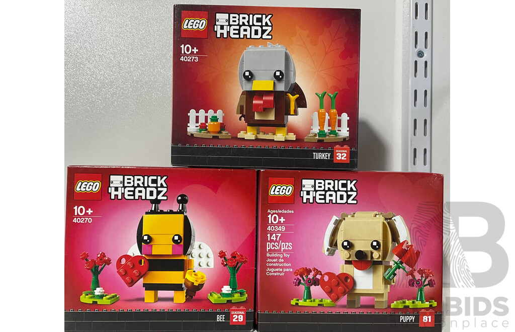Three Lego Retired Brick Headz Sets Comprising Turkey, Bee & Puppy, Sealed in Box