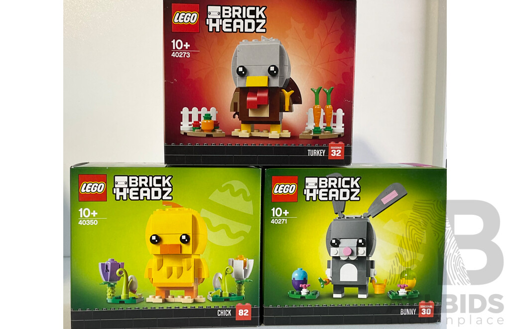 Three Lego Retired Brick Headz Sets Comprising Chick 82, Bunny 30 & Turkey 32, Sealed in Box