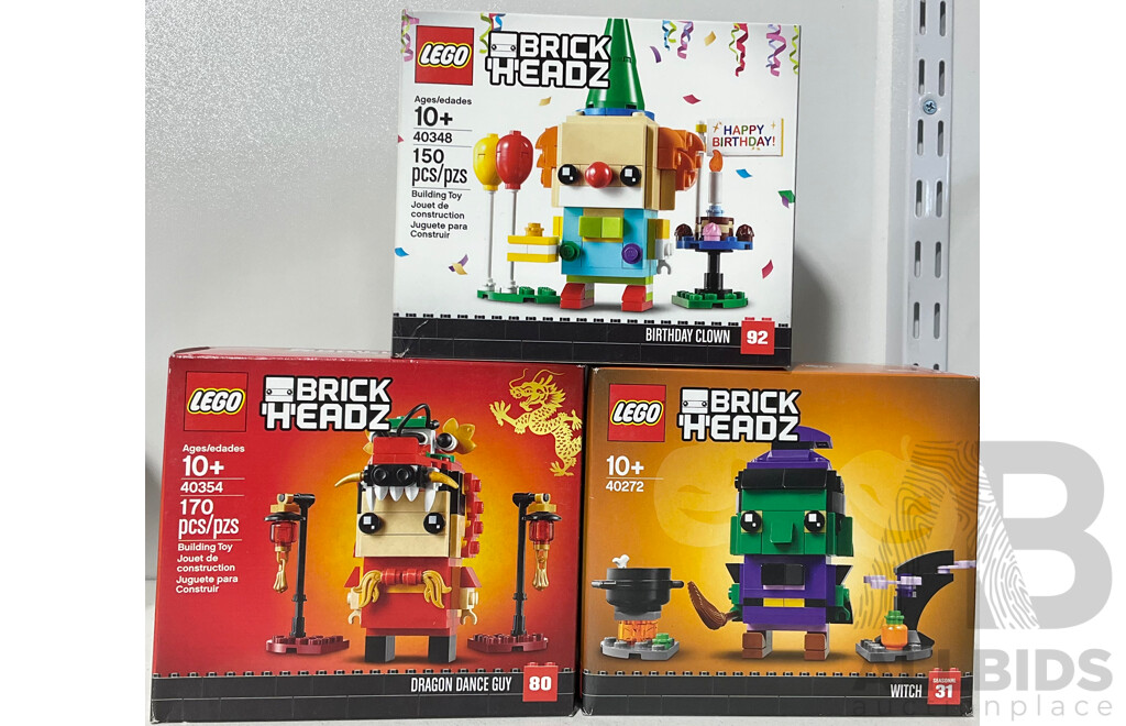 Three Lego Retired Brick Headz Sets Comprising Birthday Clown 92, Dragon Dance Guy 80 & Witch 31, Sealed in Box