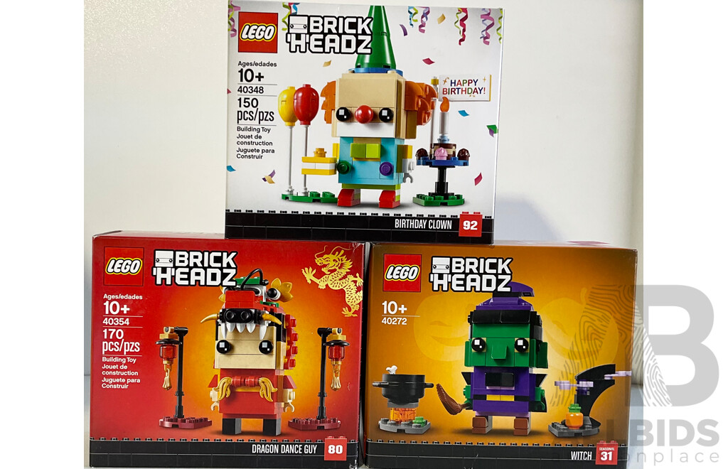 Three Lego Retired Brick Headz Sets Comprising Birthday Clown 92, Dragon Dance Guy 80 & Witch 31, Sealed in Box