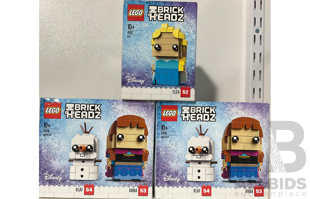 Three Lego Retired Brick Headz Disney Frozen Sets Comprising Elsa 52 & Two Sets Anna 53, Olaf 54, Sealed in Box