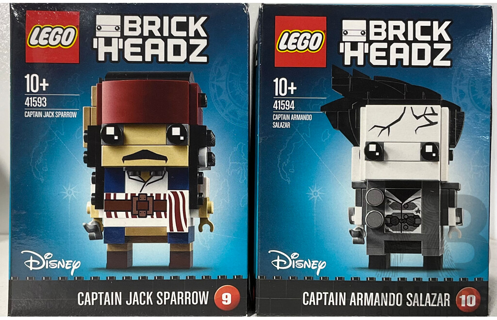 Two Lego Retired Brick Headz Disney Pirates of the Caribbean Sets Comprising Captain Jack Sparrow 9 & Captain Armando Salazar 10, Sealed in Box