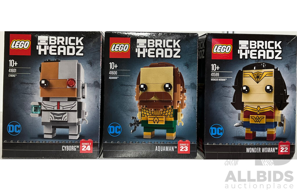 Three Lego Retired Brick Headz DC Justice League Sets Comprising Cyborg 24, Aquaman 23 & Wonder Woman 22, Sealed in Box