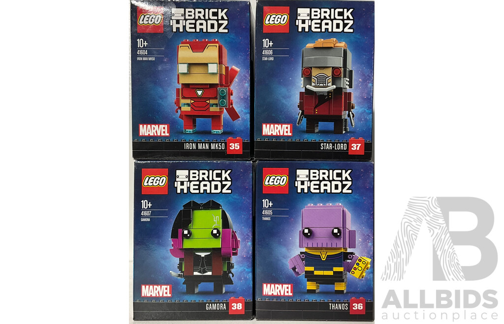 Set Four Lego Retired Brick Headz Marvel Avengers Infinity War Sets, Sealed in Box