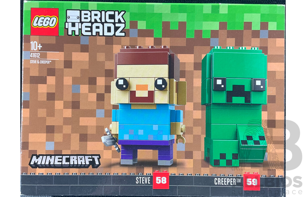 Lego Retired Brick Headz Minecraft Steve 58 & Creeper 59 Set, 41612, Sealed in Box