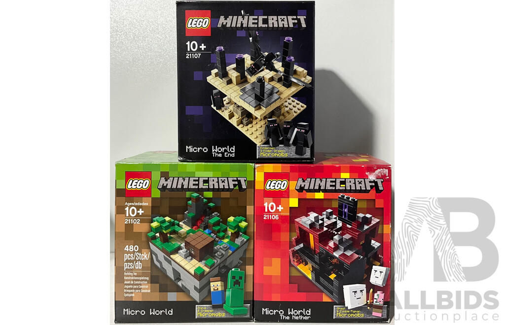 Three Lego Retired Minecraft Microworld Sets, 21106, 21107 & 21102, Sealed in Box