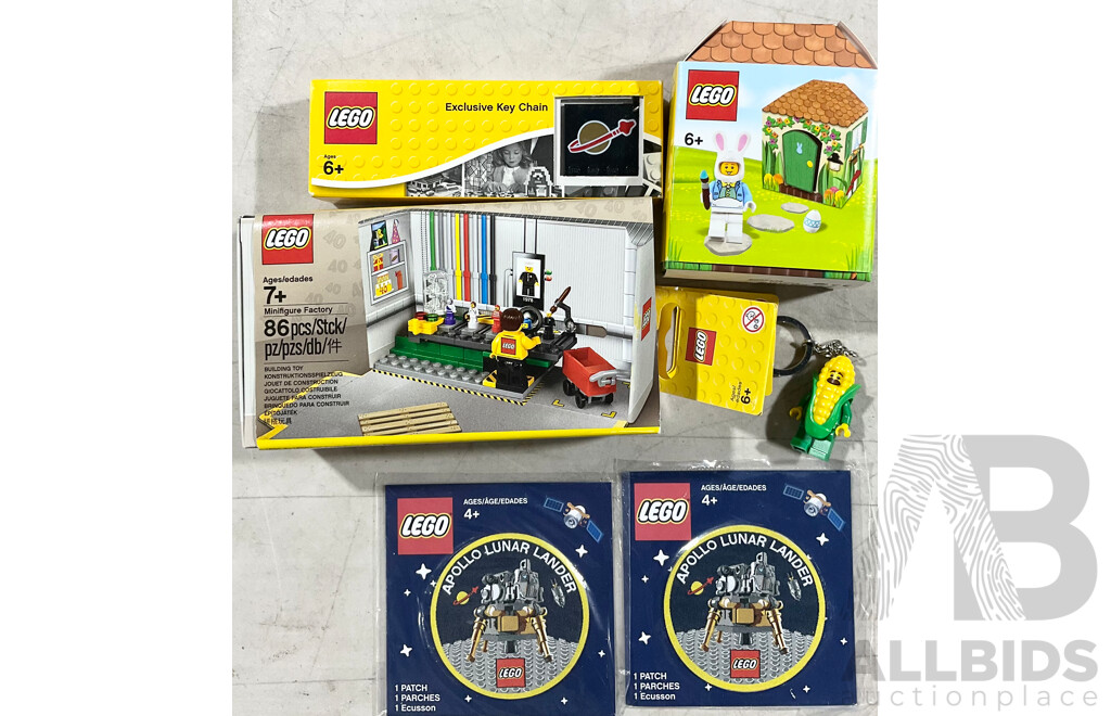 Collection Six Retired Lego Sets Including Two Apollo Lunar Landing Cloth Patches, Minifigure Factroy Set and More
