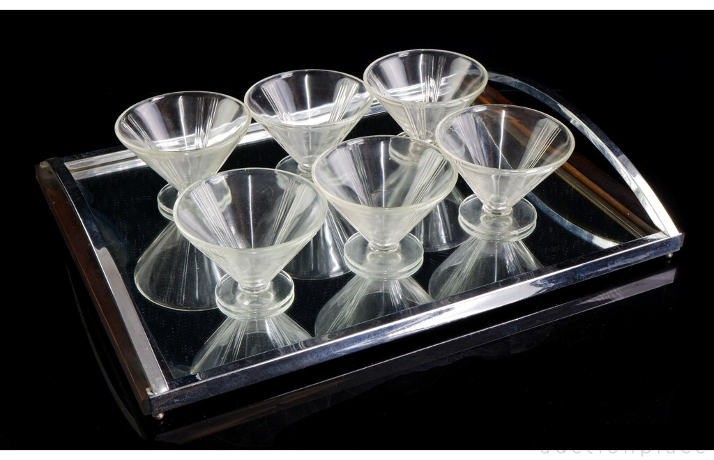 Six Art Deco Conical Glasses and Mirrored Tray