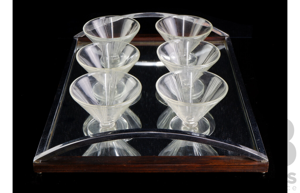Six Art Deco Conical Glasses and Mirrored Tray