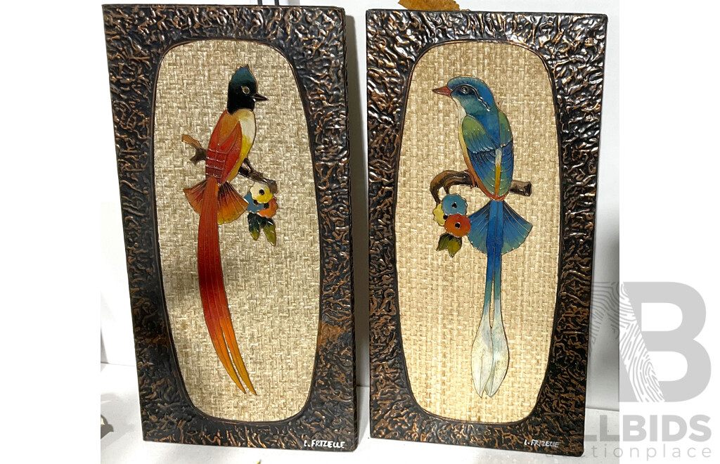 Vintage Pair of Les Frizelle Cloisonne and Copper  Artworks of 'Kingfisher' and 'Cape Flycatcher'