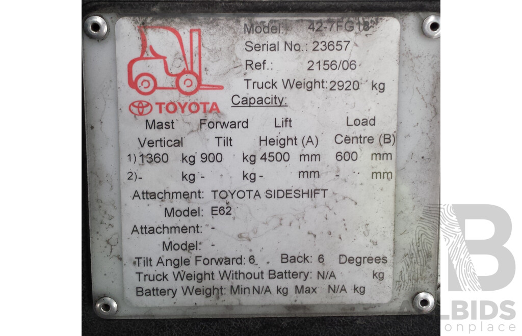 2006 Toyota 42-7FG18 LPG/Petrol Powered Counterbalance Forklift