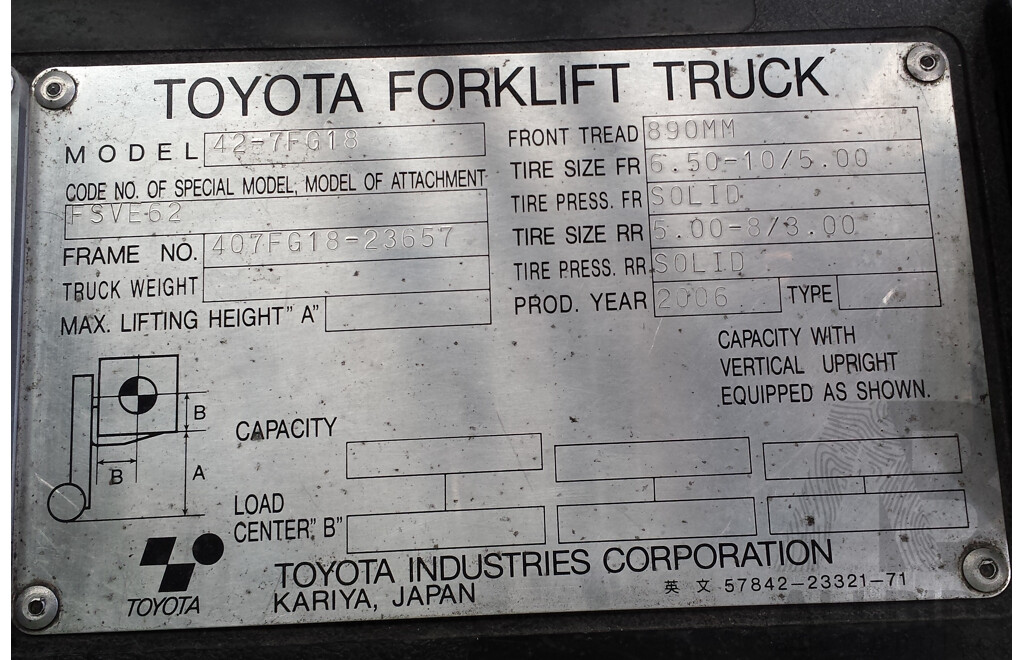 2006 Toyota 42-7FG18 LPG/Petrol Powered Counterbalance Forklift