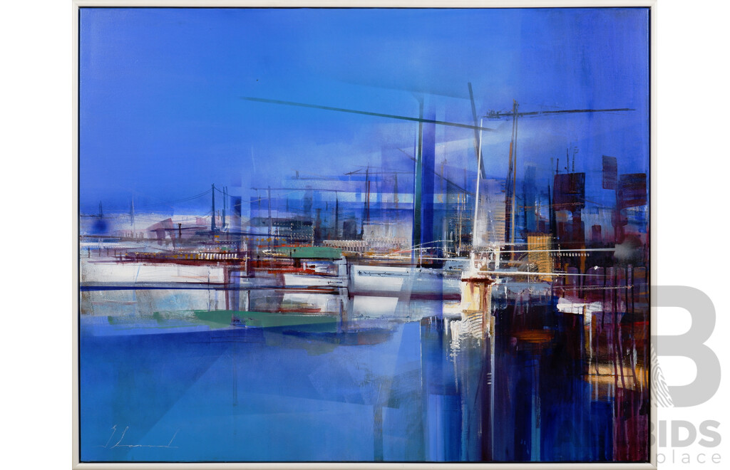 G. Lord, Untitled (Moored Boats & City Scene), Acrylic on Canvas