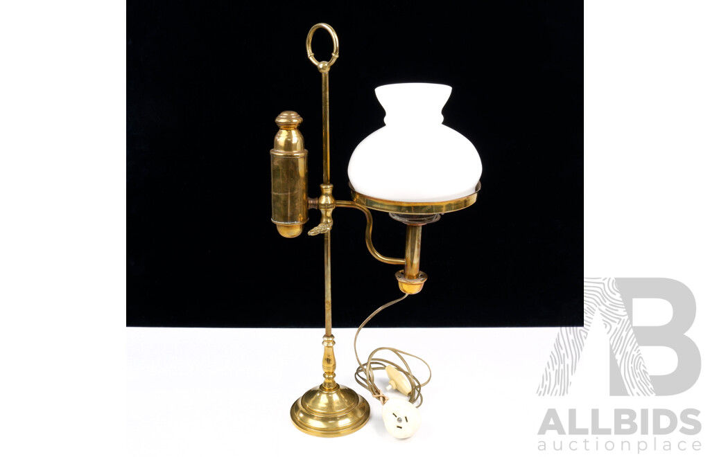 Vintage Brass Electric Table Lamp with Glass Shade and Adjustable Height