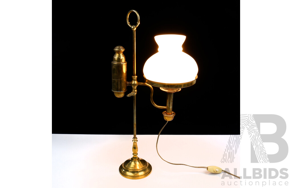 Vintage Brass Electric Table Lamp with Glass Shade and Adjustable Height