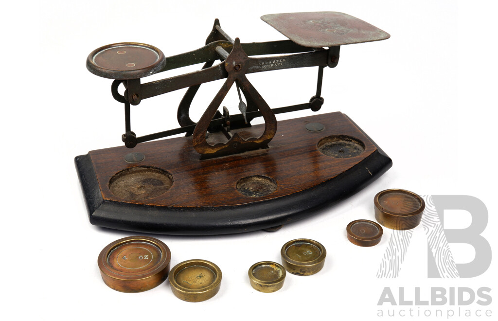 Antique Brass and Copper Postage Scales with Six Weights