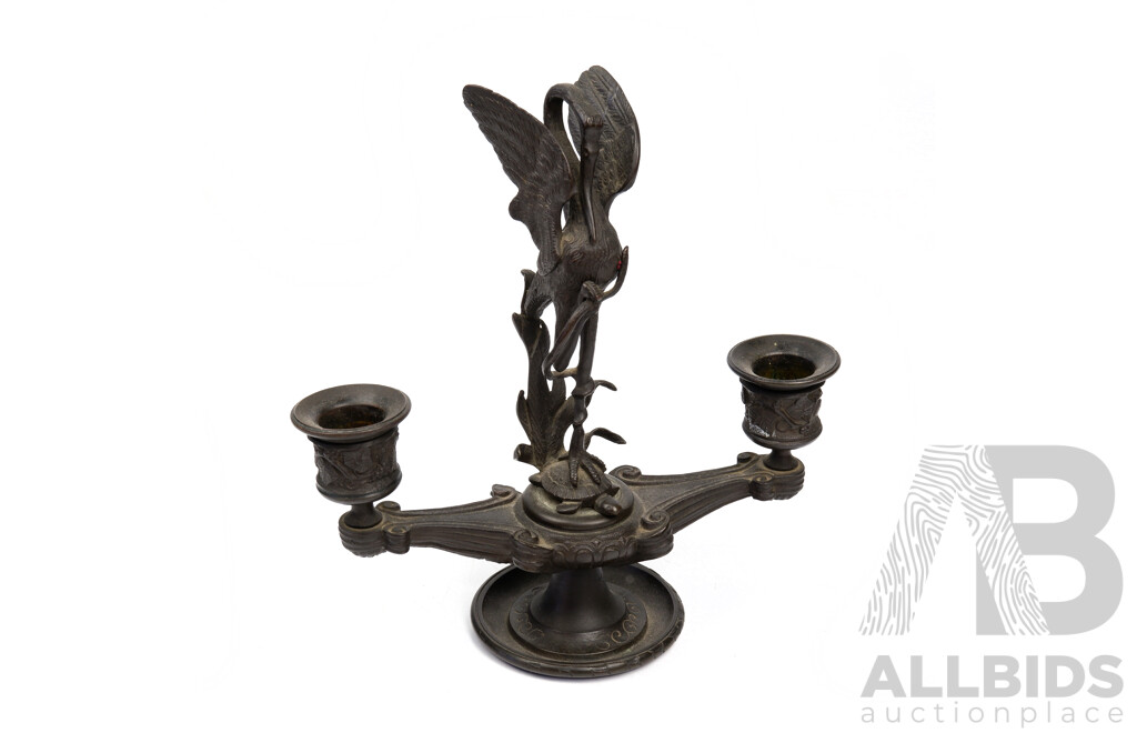Unusual Vintage Bronze Twin Branch Candelabra with Crane Figure to Center