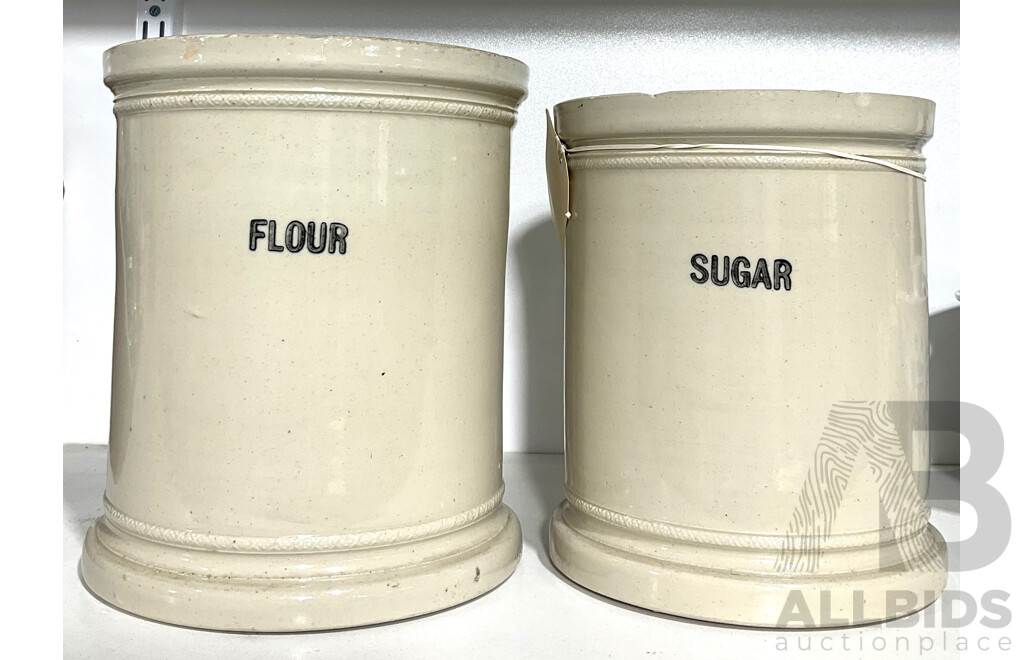 Two Antique Sydney Fowler Pottery Canisters for Flour and Sugar