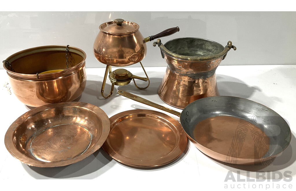 Collection Copper Items Including Retro Fondue Set with Brass Spirit Burner and Undertray