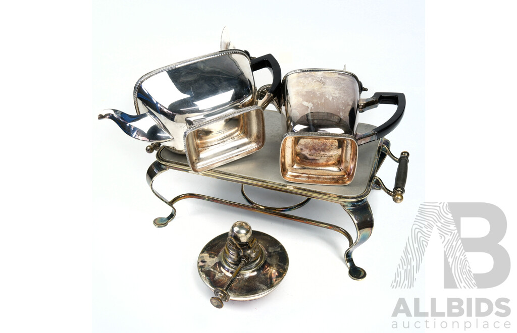 Collection Three Antique Silver Plate Items Including Hecworth Reproduction Sheffield PLate Tea & Coffee Pot Along with Food Warmer Tray with Spirit Burner
