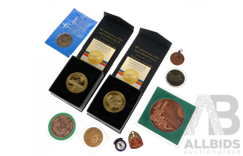 Collection of World War One and Two Medallions Including Department of Veterans Affairs 60 Years End of World War Two Medals, Medallion in Memory of SPR G.C.P Brennan