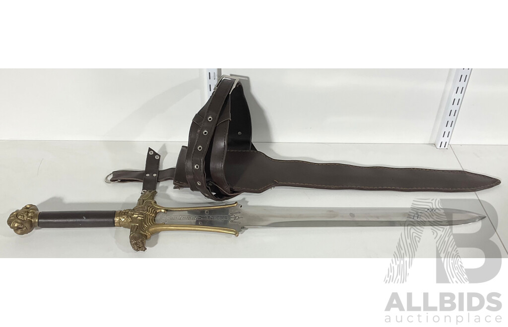 Stainless Steel Barbarian Style Sword with Brass Coloured Handle and Pommel with Scabbard and Belt